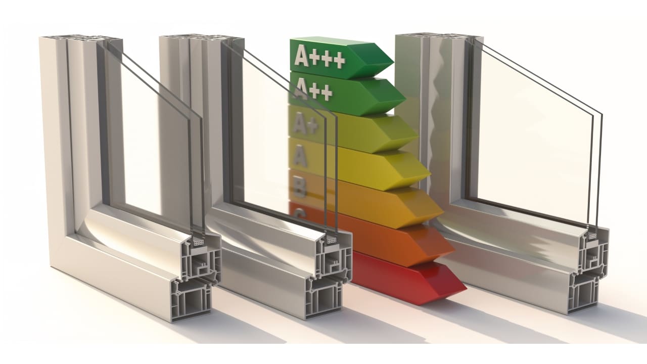 Cross-sections of double glazing windows with an energy efficiency rating table graphic.