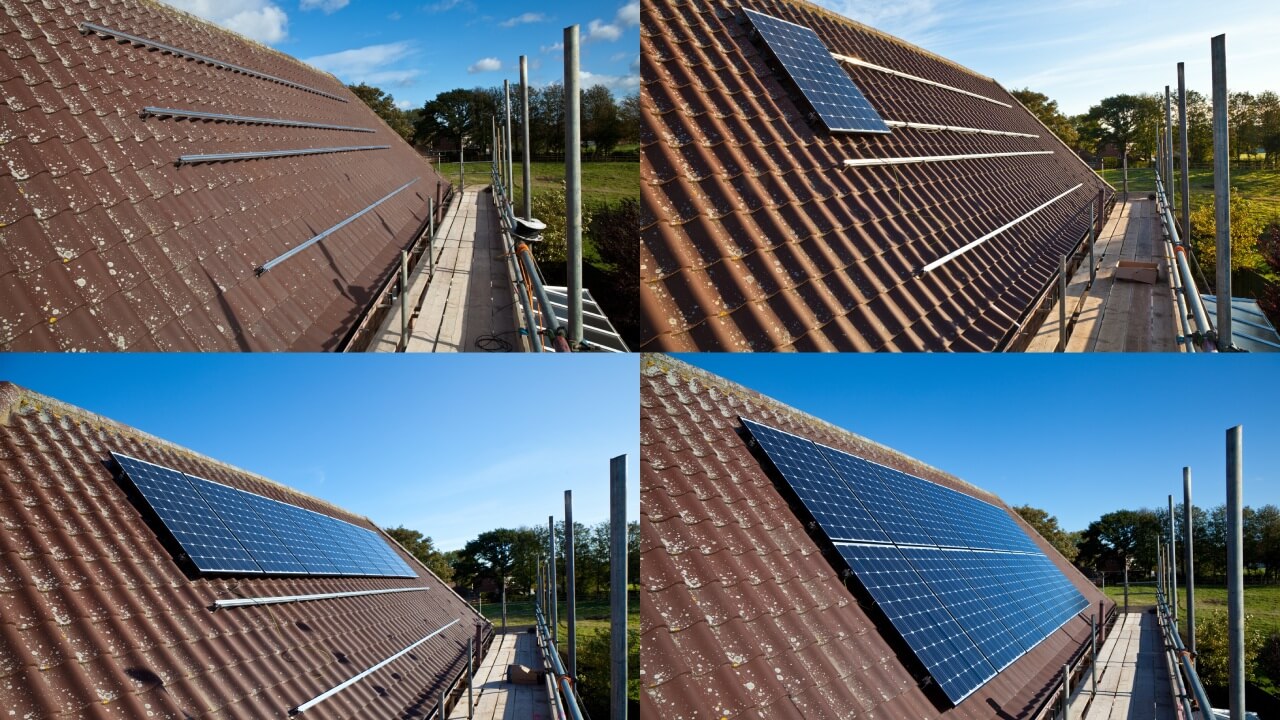 A montage of four images detailing how solar panels are installed on the roof of a house, from installing the rails to fitting all of the panels.